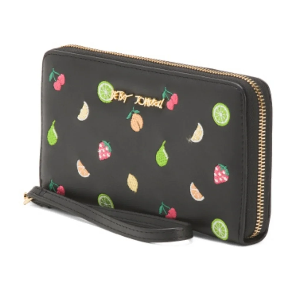 🖤▪️Betsey Johnson ▪️Black Fruit Toss Colorful Fruit Embroidery Wristlet/ Wallet